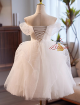 White Tulle Pearls Pleats Wedding Dress