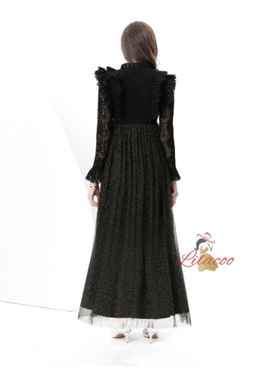Horn Sleeve Mesh Stitching Long Dress