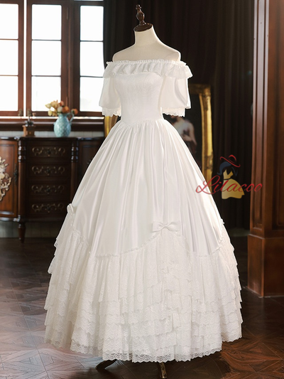 White Satin Lace Short Sleeve Wedding Dress