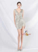 V-neck Sequins Mini Prom Dress