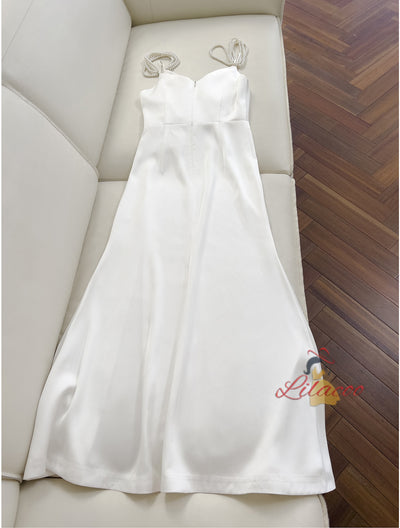 White Straps Pearls Prom Dress
