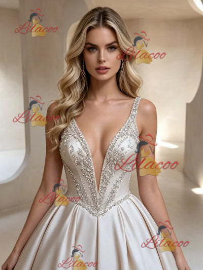 Ivory Satin V-neck Beading Wedding Dress