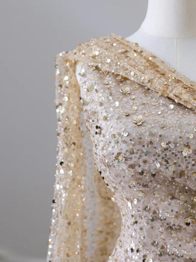 Gold Mermaid Sequins One Shoulder Split Prom Dress