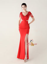 Mermaid V-neck Beading Split Prom Dress