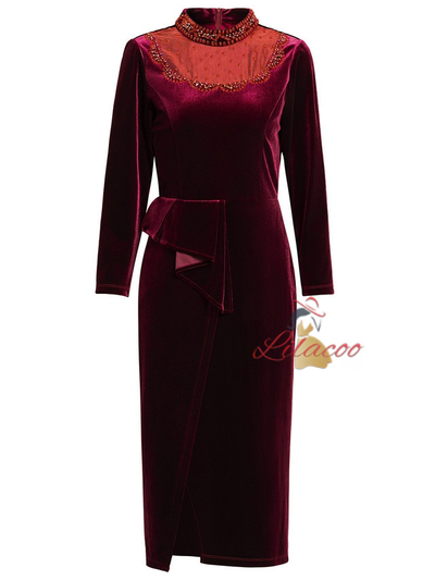Burgundy Velvet Long Sleeve Mother Of The Bride Dress