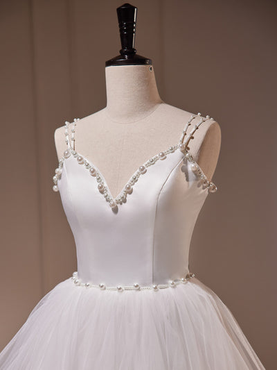 White Tulle Straps Pearls Wedding Dress