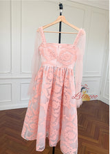 Pink Lace Long Sleeve Prom Dress