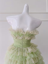 Green Tulle Lace Straps Tiers Short Prom Dress