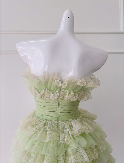 Green Tulle Lace Straps Tiers Short Prom Dress