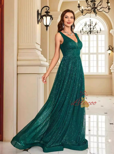 Green Sequins V-neck Prom Dress