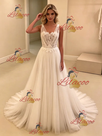 White Tulle Straps Wedding Dress