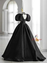 Black Square Puff Sleeve Beading Prom Dress