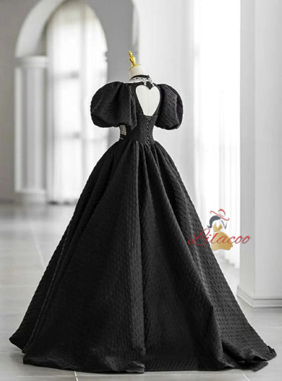 Black Square Puff Sleeve Beading Prom Dress