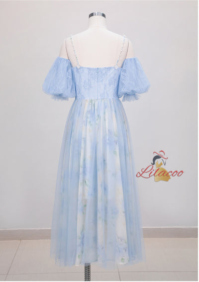 Strap Pleated Print Lantern Sleeve Dress