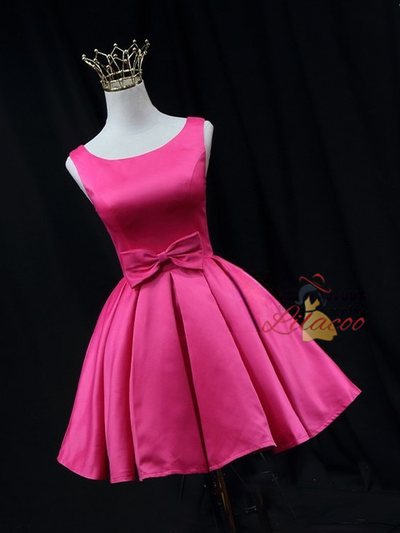 Simple Fuchsia Satin Bow Homecoming Dress