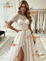 White Lace Puff Sleeve Prom Dress