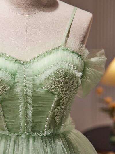 Green Tulle Appliques Beading Homecoming Dress