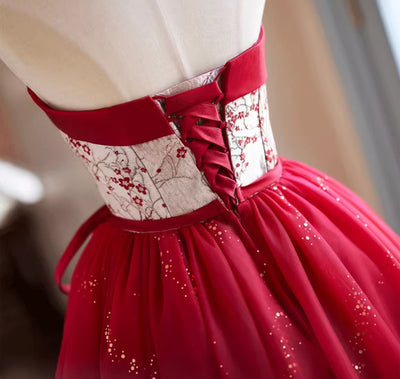 Burgundy Tulle Sequins Strapless Homecoming Dress