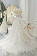 Ivory Tulle Off the Shoulder Lace Appliques Wedding Dress