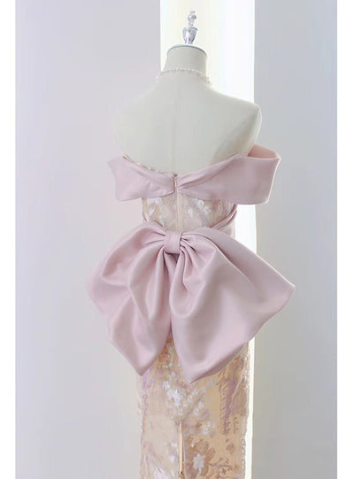 Pink Sequins Off the Shoulder Bow Prom Dress