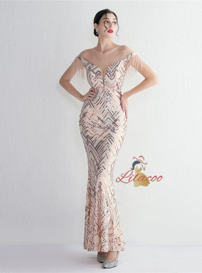 Scoop Neck Sequins Cap Sleeve Beading Prom Dress