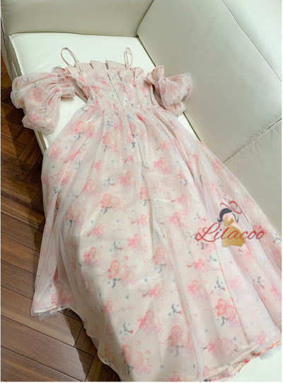 Strap Off-the-shoulder Bubble Sleeve Floral Dress