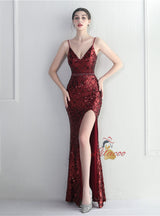 Mermaid Sequins Straps Split Prom Dress