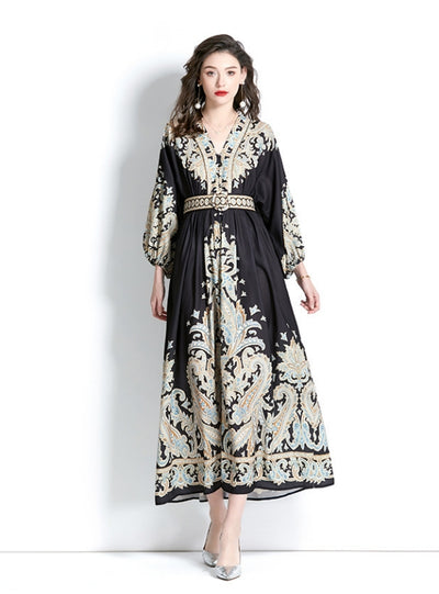 Retro Palace Style V-neck Lantern Sleeve Printed Dress