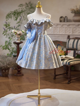 Blue Spaghetti Straps Bow Homecoming Dress