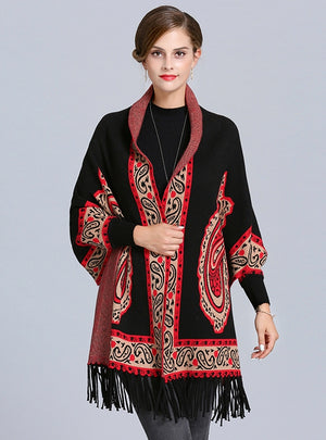 Jacquard Fringed Knitted Shawl Cloak