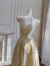Yellow Satin Spaghetti Straps Bow Prom Dress