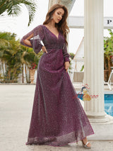 V-neck Long Sleeve Pleats Prom Dress