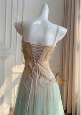 Green Tulle Lace Straps Prom Dress