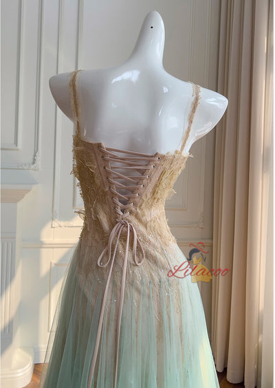 Green Tulle Lace Straps Prom Dress
