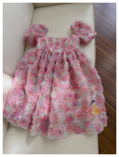 Three-dimensional Fower Bubble Sleeve Dress