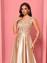 Champagne Satin V-neck Prom Dress