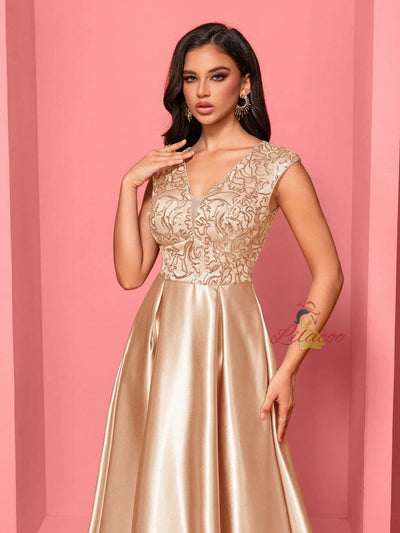 Champagne Satin V-neck Prom Dress