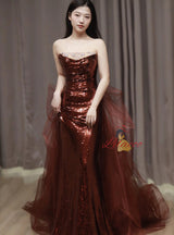 Burgundy Mermaid Sequins Tulle Crystal Prom Dress