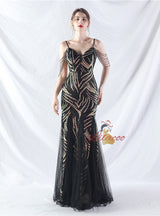 Spaghetti Straps Mermaid Sequins Tulle Beading Prom Dress