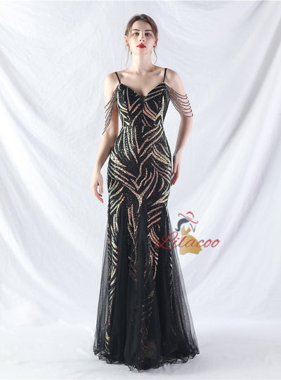 Spaghetti Straps Mermaid Sequins Tulle Beading Prom Dress