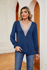 V-neck Lace Stitching Loose Long Sleeve T-shirt