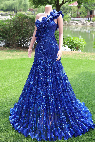 Royal Blue Mermaid Sequins One Shoulder Prom Dress