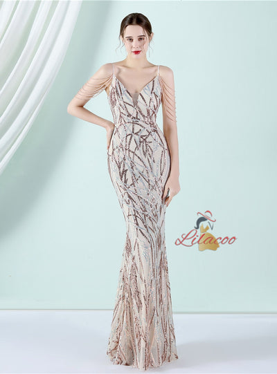 Sling Sequins Beading Long Slim Dress