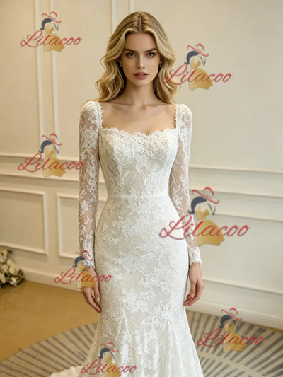 Beige White Lace Long Sleeve Wedding Dress