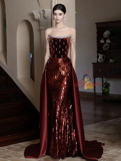 Burgundy Mermaid Sequins Straps Prom Dress