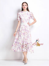 Women Flower Short Sleeve Lace Dress