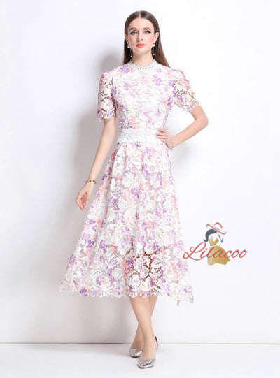 Women Flower Short Sleeve Lace Dress