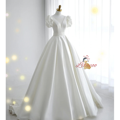 White Satin V-neck Wedding Dress