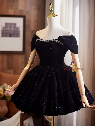 Black Velvet Sequins Crystal Homecoming Dress