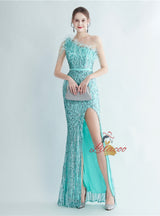 Mermaid Sequins One Shoulder Beading Split Prom Dress